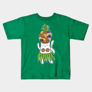 Hawaiian Dancer Cat With Tropical Fruit Hat Kids T-Shirt